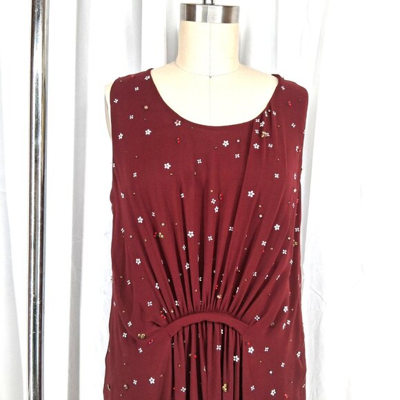 Megan Park Silk Hand Painted Beaded Burgundy Midi Dress Indian Artisan Work 2 - Picture 3 of 10